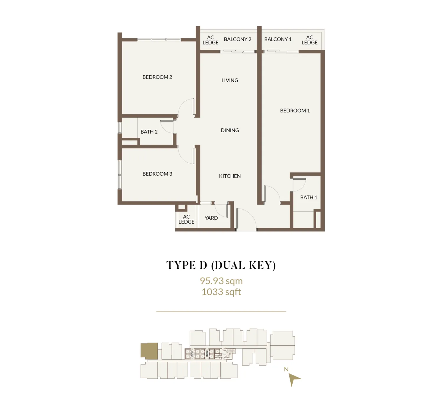 Pelan lantai Aethera Residences Jenis D, 1,033 kaki persegi