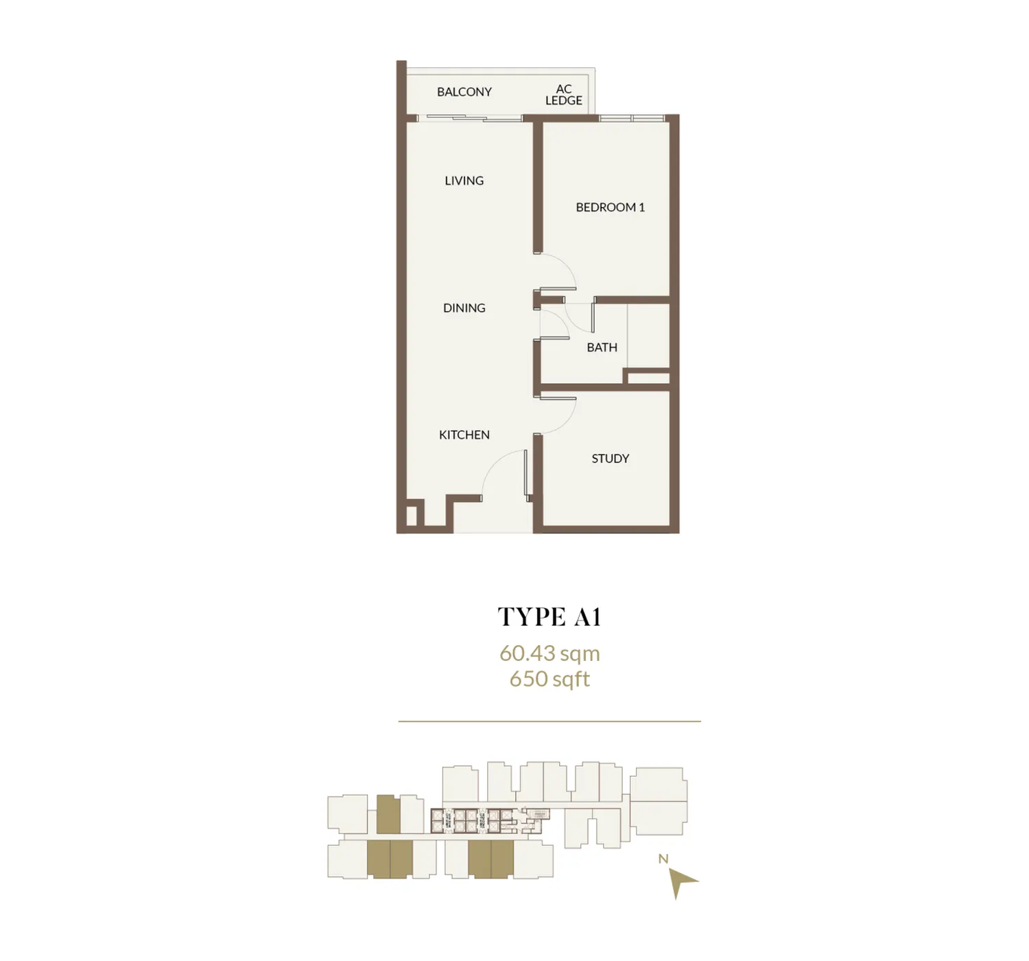 Pelan lantai Aethera Residences Jenis A1, 650 kaki persegi