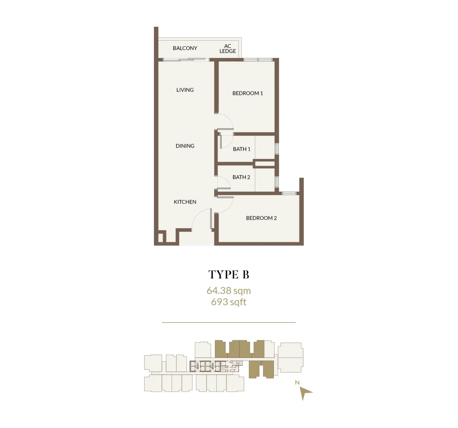 Pelan lantai Aethera Residences Jenis B, 693 kaki persegi