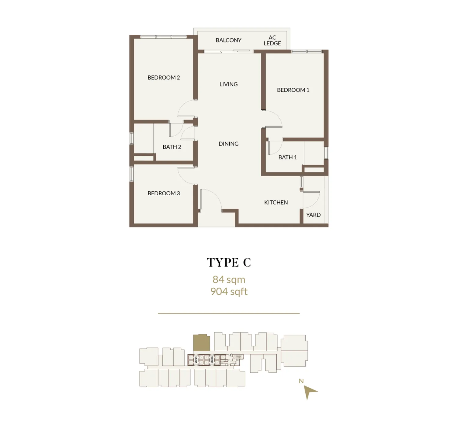 Pelan lantai Aethera Residences Jenis C, 904 kaki persegi
