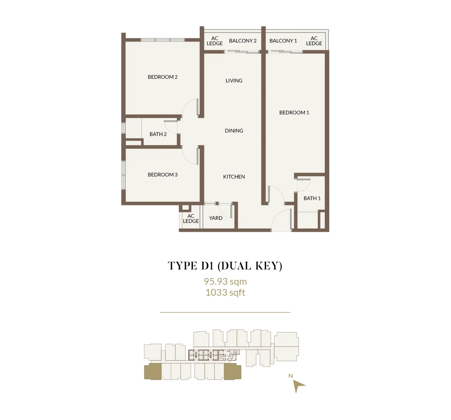 Pelan lantai Aethera Residences Jenis D1, 1,033 kaki persegi