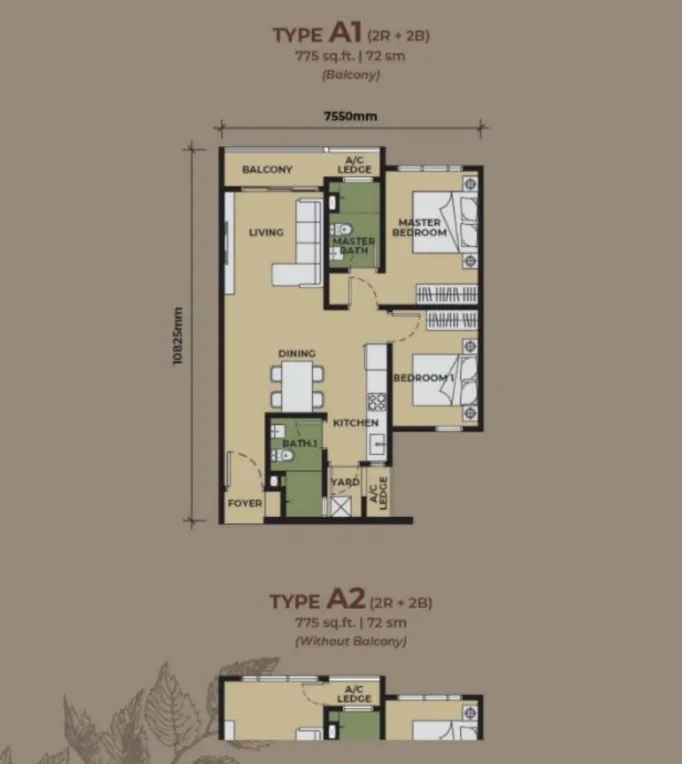 The Aldenz Type A2(Without Balcony) floor plan, about 775 sq ft, 2 bedrooms, 2 bathrooms