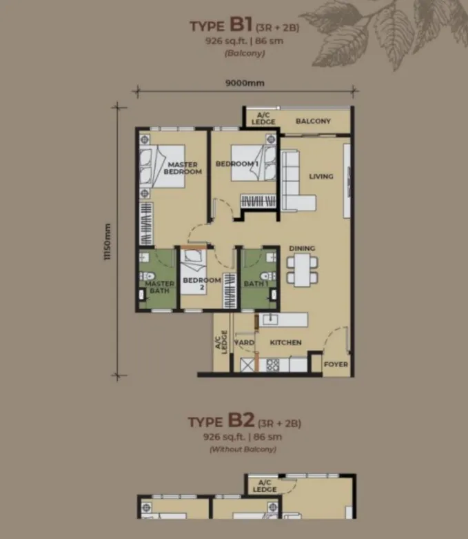 The Aldenz Type B2(Without Balcony) floor plan, about 926 sq ft, 3 bedrooms, 2 bathrooms