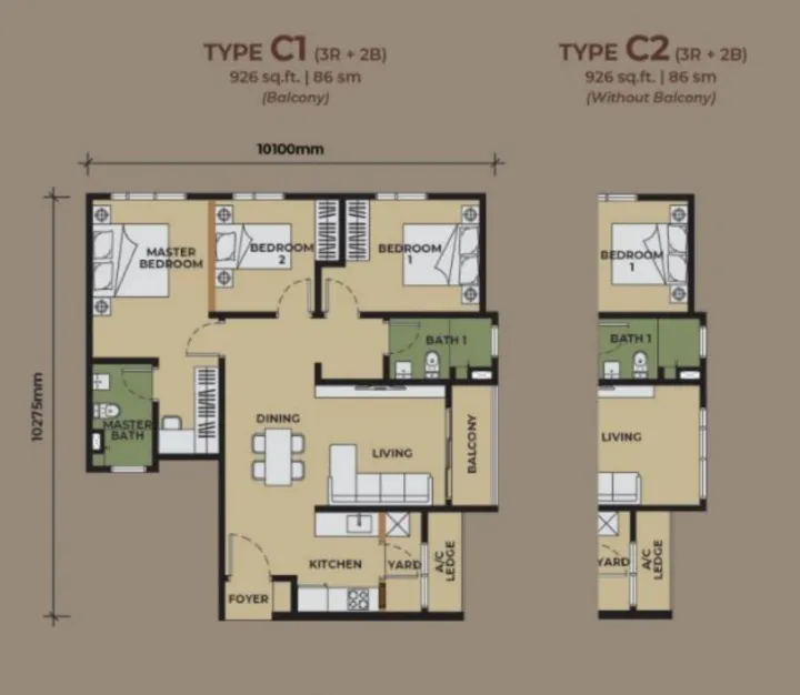 The Aldenz Type C1(With Balcony) floor plan, about 926 sq ft, 3 bedrooms, 2 bathrooms