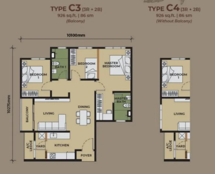 The Aldenz Type C3(With Balcony) floor plan, about 926 sq ft, 3 bedrooms, 2 bathrooms