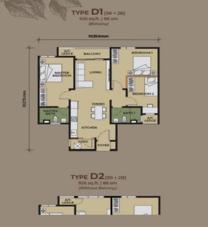 The Aldenz Type D2(Without Balcony) floor plan, about 926 sq ft, 3 bedrooms, 2 bathrooms