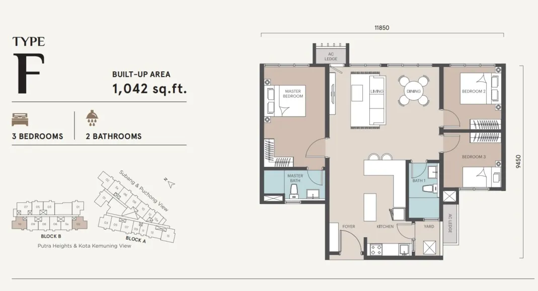 Alora Residence Type F floor plan, about 1042 sq ft, 3 bedrooms, 2 bathrooms