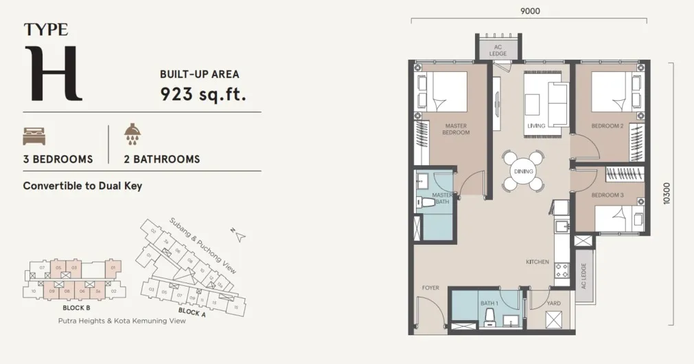 Alora Residence Type H(Convertible to Dual Key) floor plan, about 923 sq ft, 3 bedrooms, 2 bathrooms