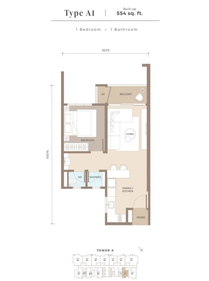 Amaya Type A1 floor plan, about 554 sq ft, 1 bedroom, 1 bathroom