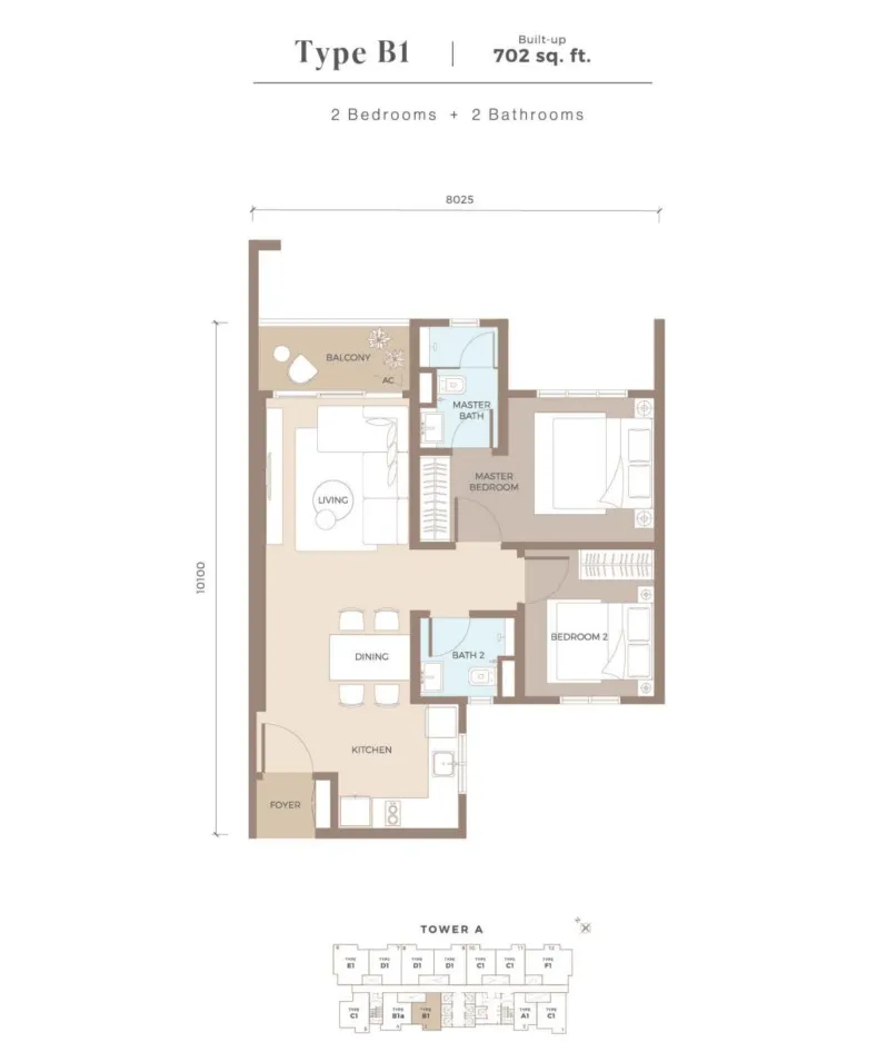 Amaya Type B1 floor plan, about 702 sq ft, 2 bedrooms, 2 bathrooms