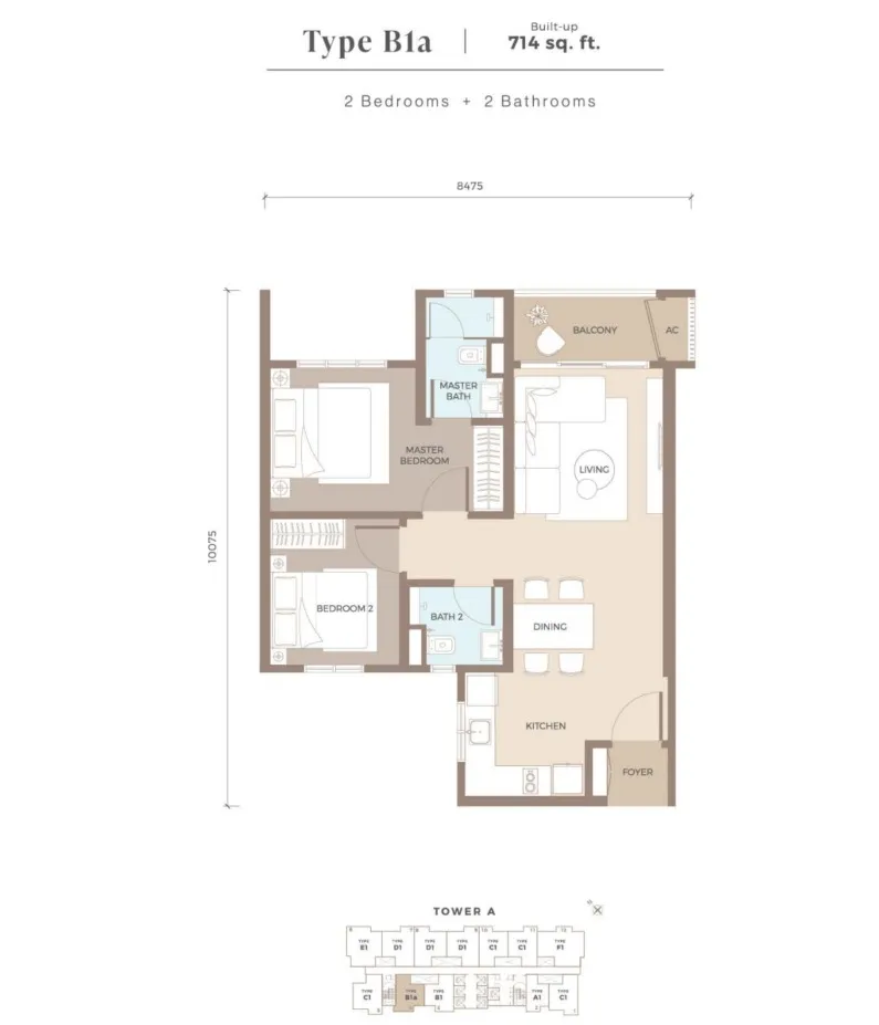 Amaya Type B1a floor plan, about 714 sq ft, 2 bedrooms, 2 bathrooms