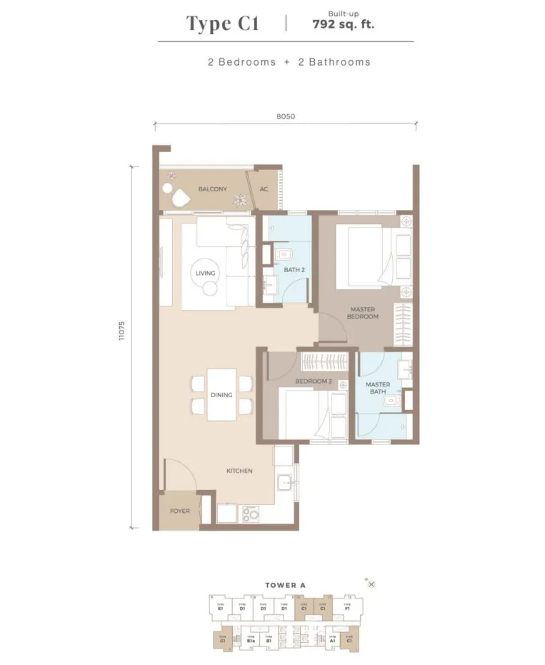 Amaya Type C1 floor plan, about 792 sq ft, 2 bedrooms, 2 bathrooms