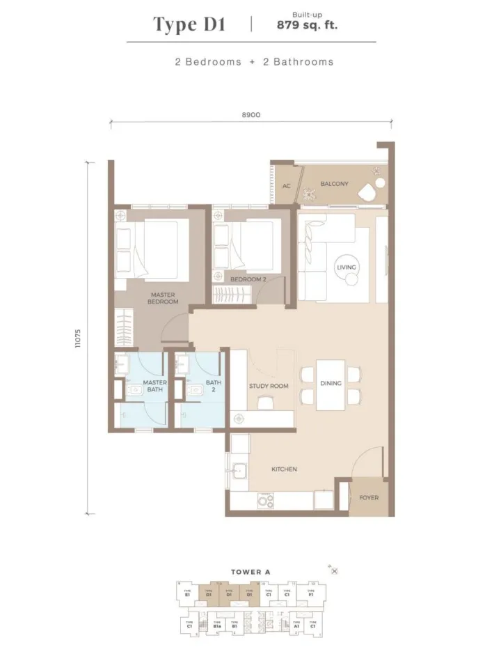 Amaya Type D1(Flexi Layout) floor plan, about 879 sq ft, 2 bedrooms, 2 bathrooms