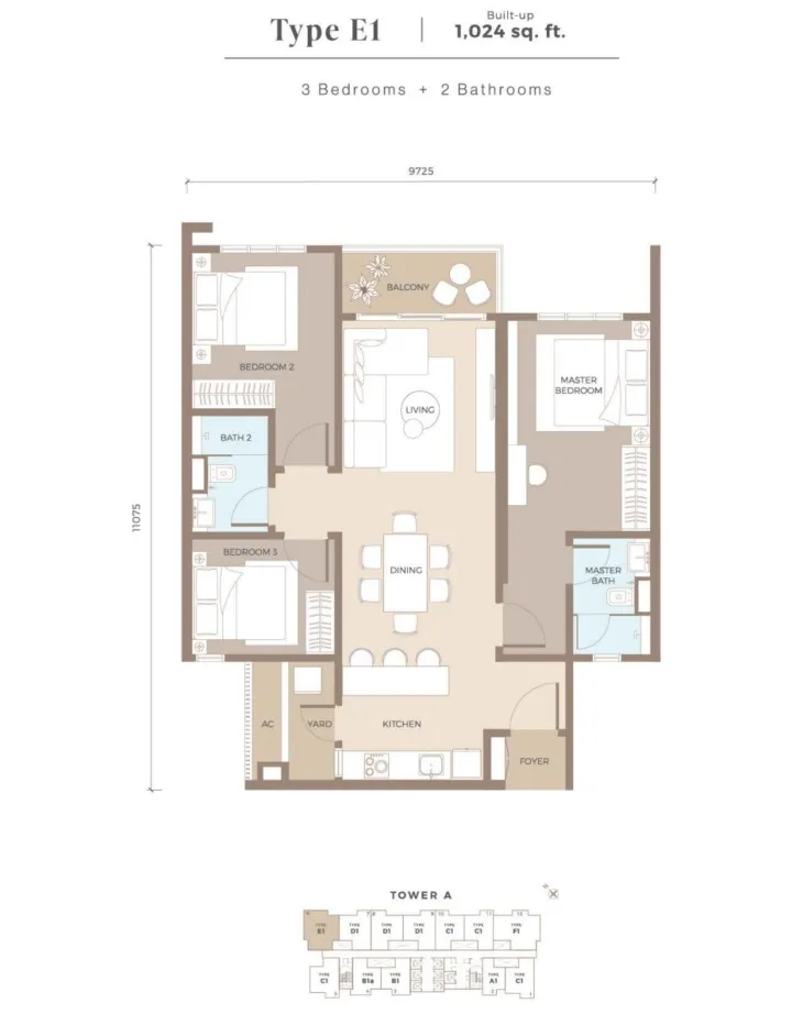 Amaya Type E1(Flexi Layout) floor plan, about 1024 sq ft, 3 bedrooms, 2 bathrooms