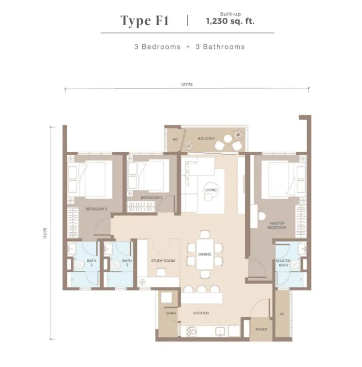 Amaya Type F1(Flexi Layout) floor plan, about 1230 sq ft, 3 bedrooms, 3 bathrooms