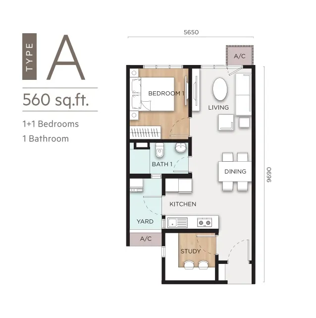 Anya Type A floor plan, about 560 sq ft, 1 bathroom