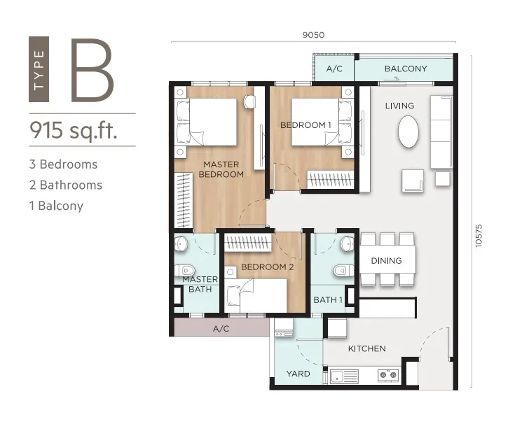 Anya Type B floor plan, about 915 sq ft, 3 bedrooms, 2 bathrooms