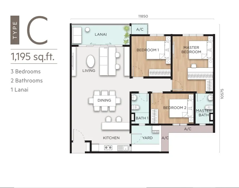 Anya Type C floor plan, about 1195 sq ft, 3 bedrooms, 2 bathrooms