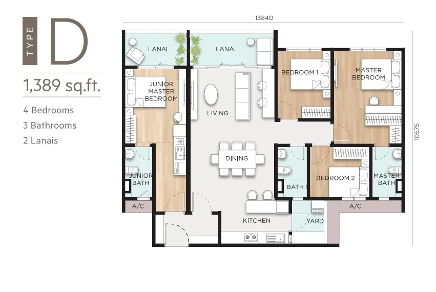 Anya Type D(Dual Key) floor plan, about 1389 sq ft, 4 bedrooms, 3 bathrooms