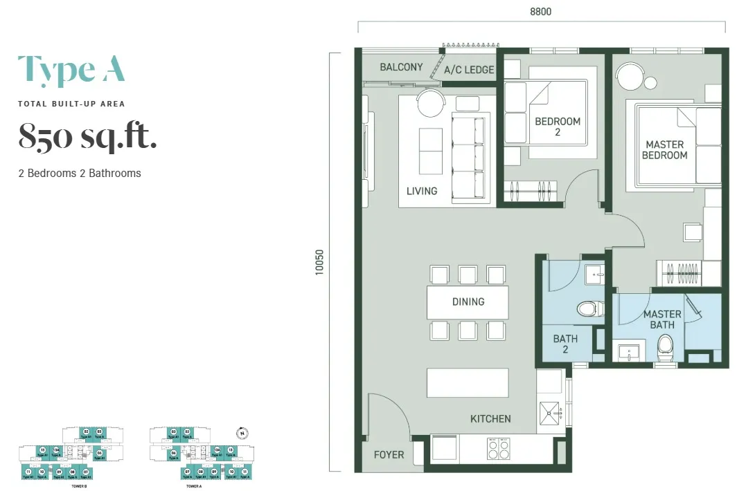 Aras Residence Type A / A1 floor plan, about 850 sq ft, 2 bedrooms, 2 bathrooms