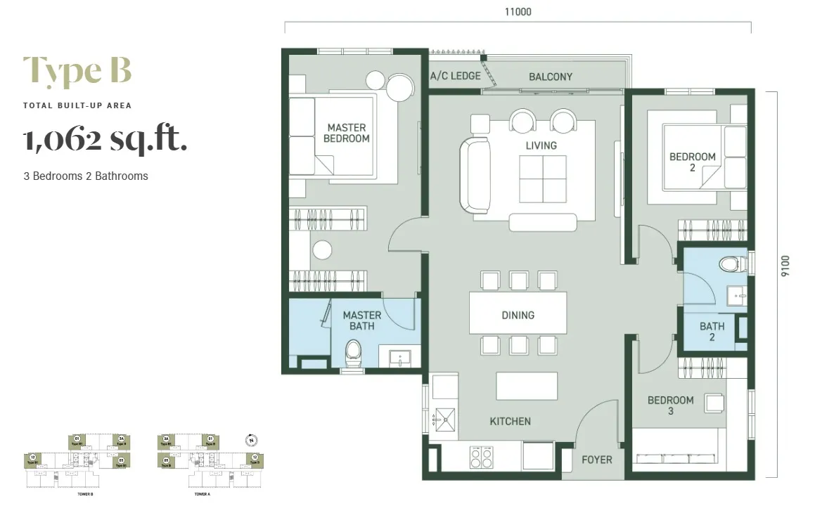 Aras Residence Type B / B1 floor plan, about 1062 sq ft, 3 bedrooms, 2 bathrooms