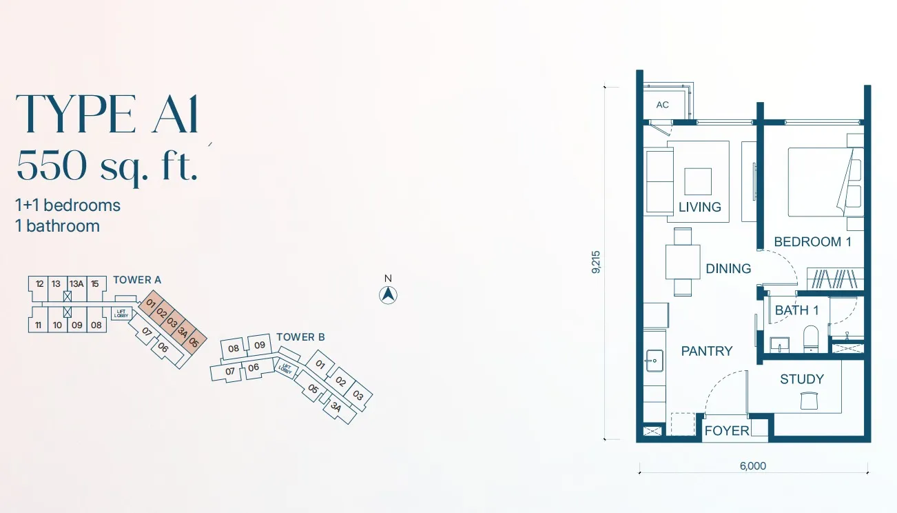 Aricia Type A1 floor plan, about 550 sq ft, 1 bathroom