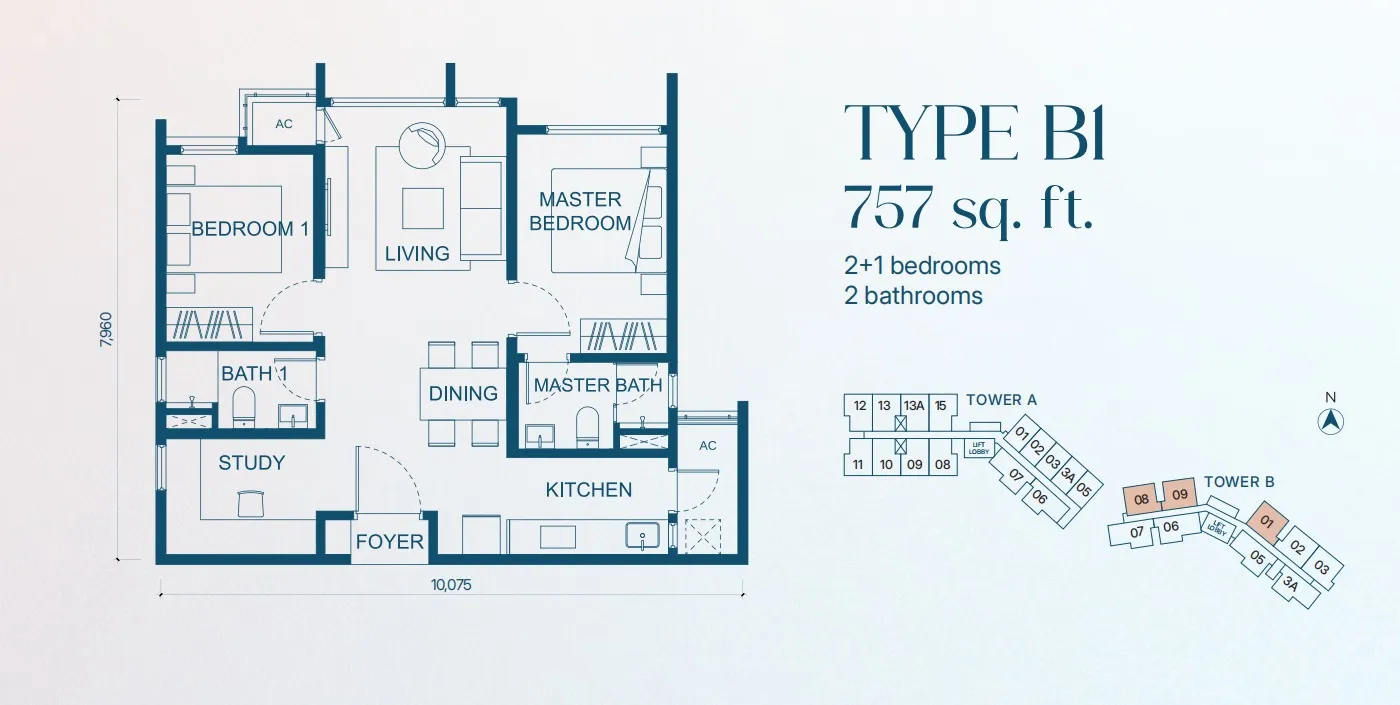 Aricia Type B1 floor plan, about 757 sq ft, 2 bathrooms