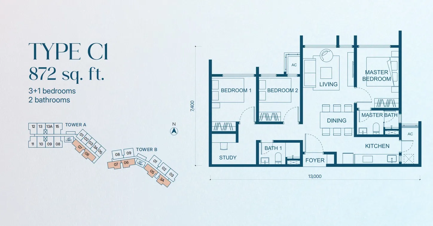 Aricia Type C1 floor plan, about 872 sq ft, 2 bathrooms