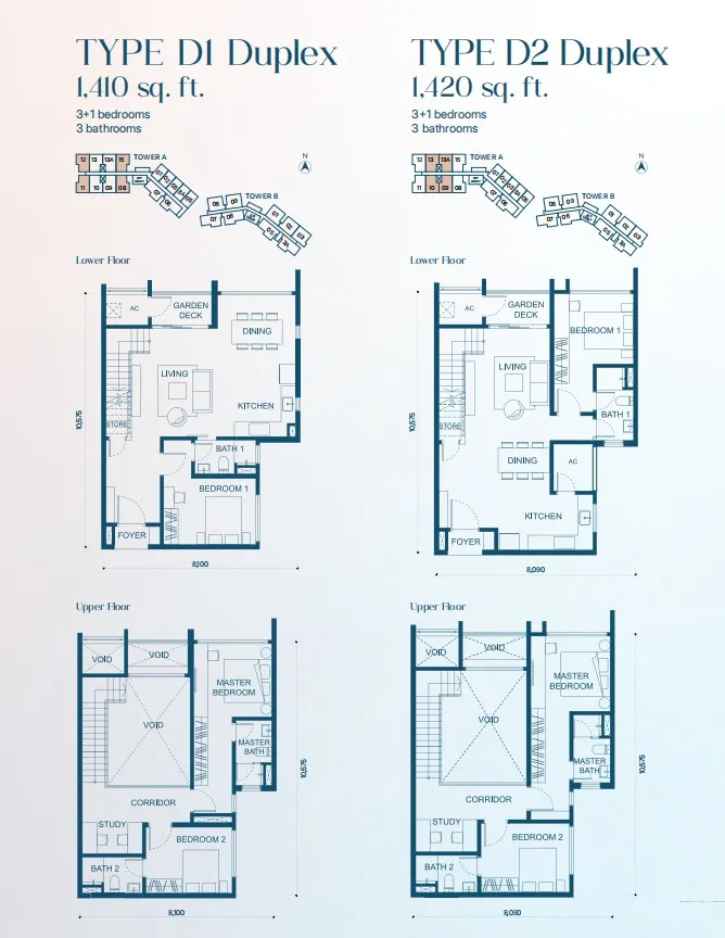 Aricia Type D1 Duplex floor plan, about 1410 sq ft, 3 bathrooms