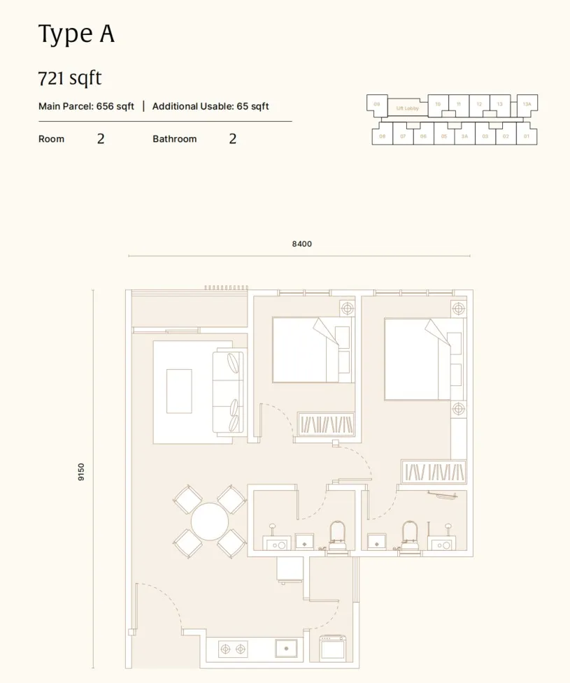 ARRA Type A floor plan, about 721 sq ft, 2 bedrooms, 2 bathrooms