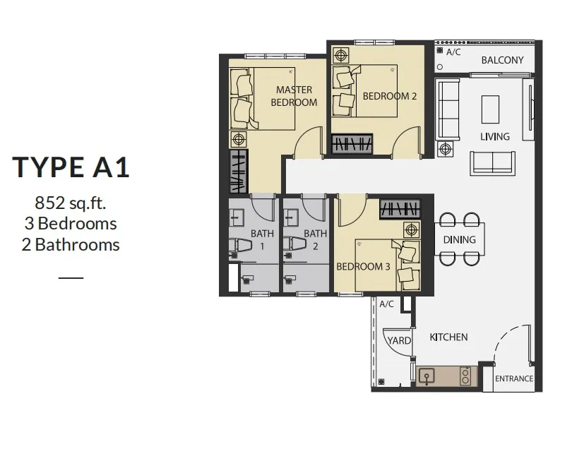 Aster Hill Sri Petaling Type A1 floor plan, about 852 sq ft, 3 bedrooms, 2 bathrooms