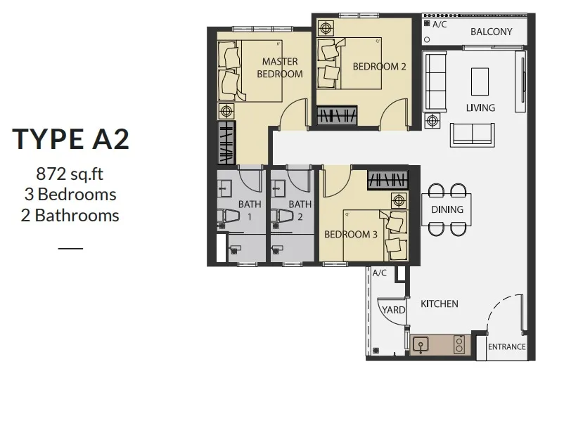 Aster Hill Sri Petaling Type A2 floor plan, about 872 sq ft, 3 bedrooms, 2 bathrooms