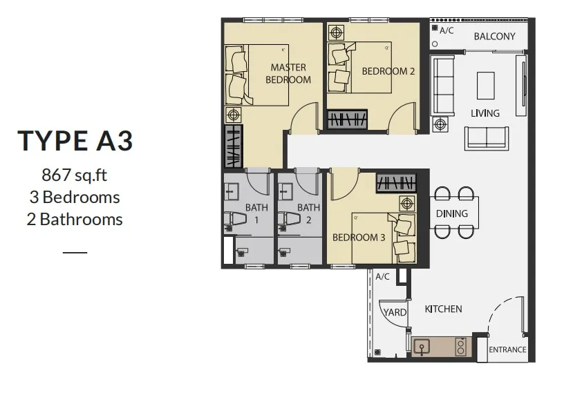 Aster Hill Sri Petaling Type A3 floor plan, about 867 sq ft, 3 bedrooms, 2 bathrooms