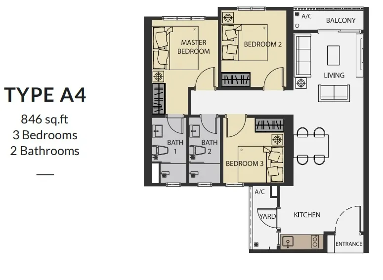 Aster Hill Sri Petaling Type A4 floor plan, about 846 sq ft, 3 bedrooms, 2 bathrooms