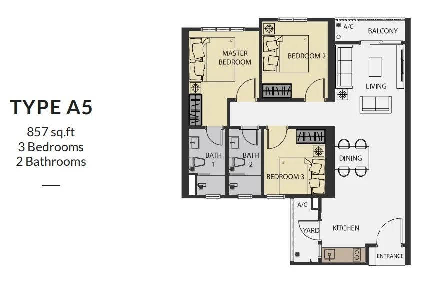 Aster Hill Sri Petaling Type A5 floor plan, about 857 sq ft, 3 bedrooms, 2 bathrooms