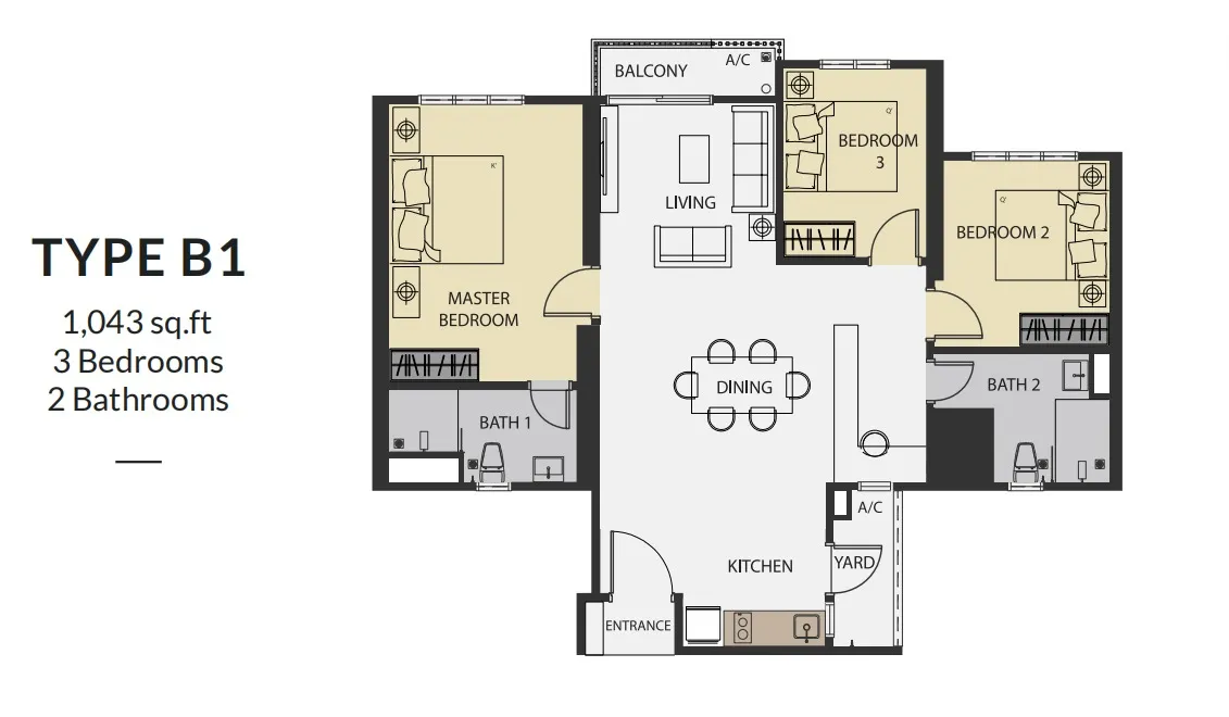 Aster Hill Sri Petaling Type B1 floor plan, about 1043 sq ft, 3 bedrooms, 2 bathrooms