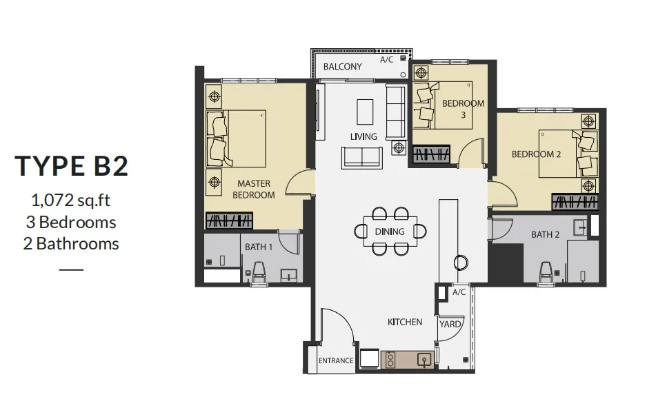 Aster Hill Sri Petaling Type B2 floor plan, about 1072 sq ft, 3 bedrooms, 2 bathrooms