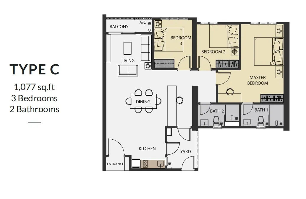 Aster Hill Sri Petaling Type C floor plan, about 1077 sq ft, 3 bedrooms, 2 bathrooms