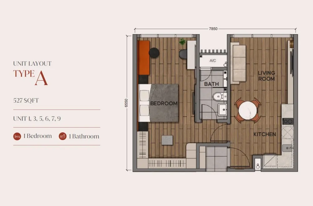 Aurum Business Centre (Suites) Type A floor plan, about 527 sq ft, 1 bedroom, 1 bathroom
