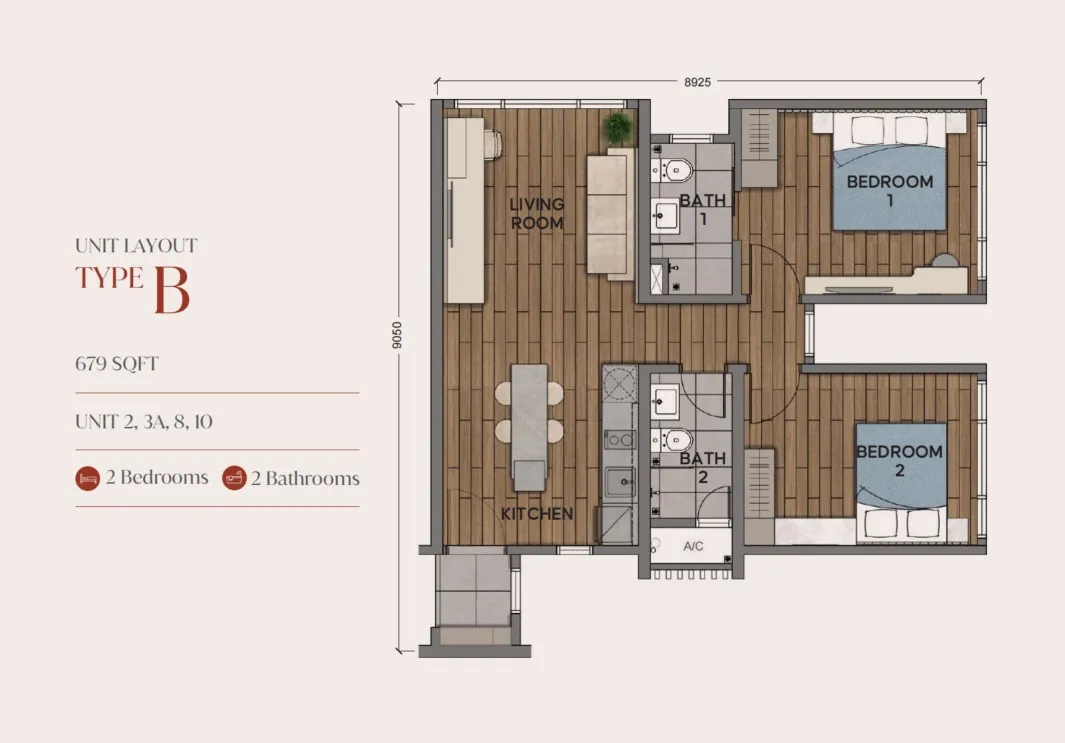 Aurum Business Centre (Suites) Type B floor plan, about 679 sq ft, 2 bedrooms, 2 bathrooms