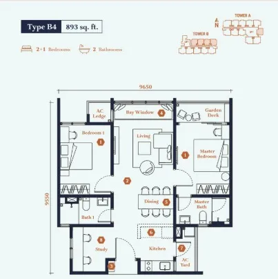 Avantro Residences Type B(B4) floor plan, about 893 sq ft, 2 bathrooms