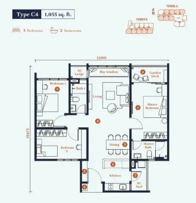 Avantro Residences Type C(C4) floor plan, about 1055 sq ft, 3 bedrooms, 2 bathrooms