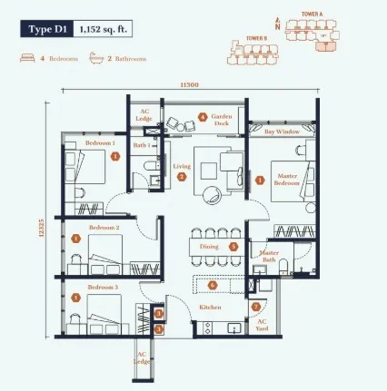 Avantro Residences Type D(D1) floor plan, about 1152 sq ft, 4 bedrooms, 2 bathrooms
