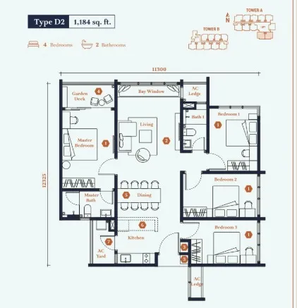 Avantro Residences Type D(D2) floor plan, about 1184 sq ft, 4 bedrooms, 2 bathrooms