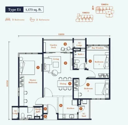 Avantro Residences Type E(E1) floor plan, about 1173 sq ft, 3 bedrooms, 2 bathrooms