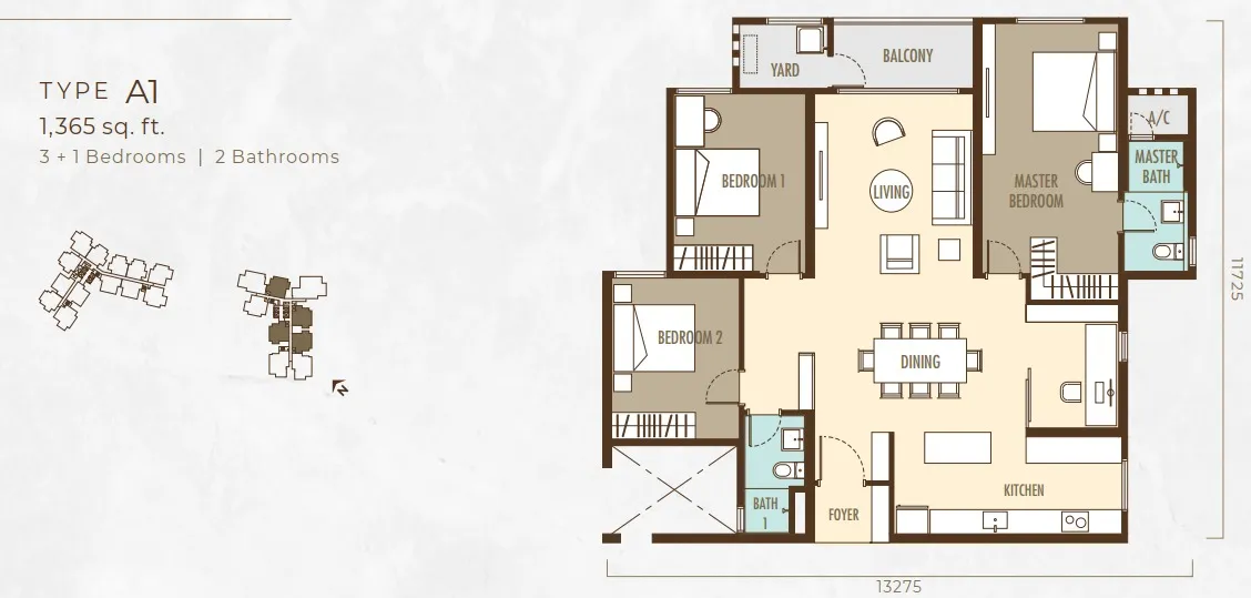 Ayanna Type A1 floor plan, about 1365 sq ft, 2 bathrooms