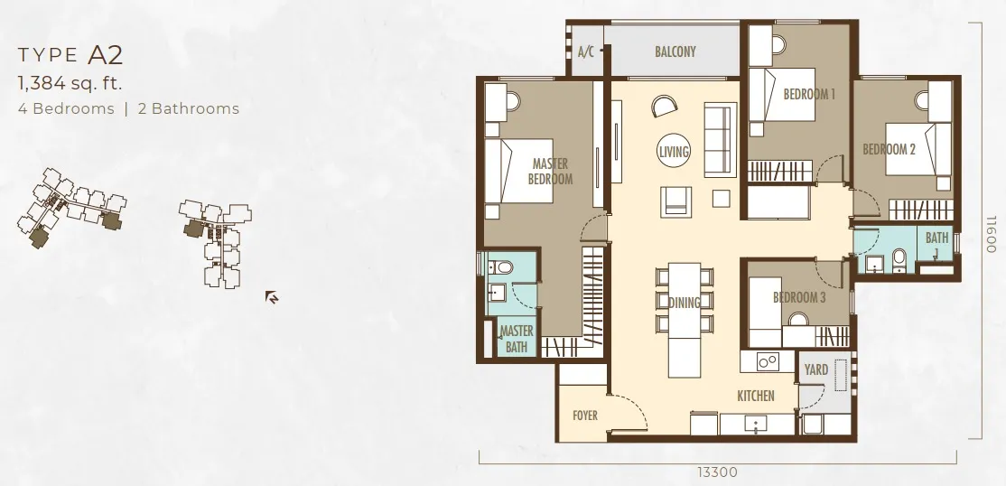 Ayanna Type A2 floor plan, about 1384 sq ft, 4 bedrooms, 2 bathrooms