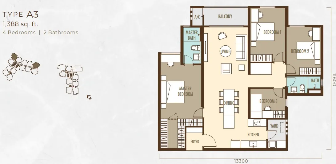 Ayanna Type A3 floor plan, about 1388 sq ft, 4 bedrooms, 2 bathrooms