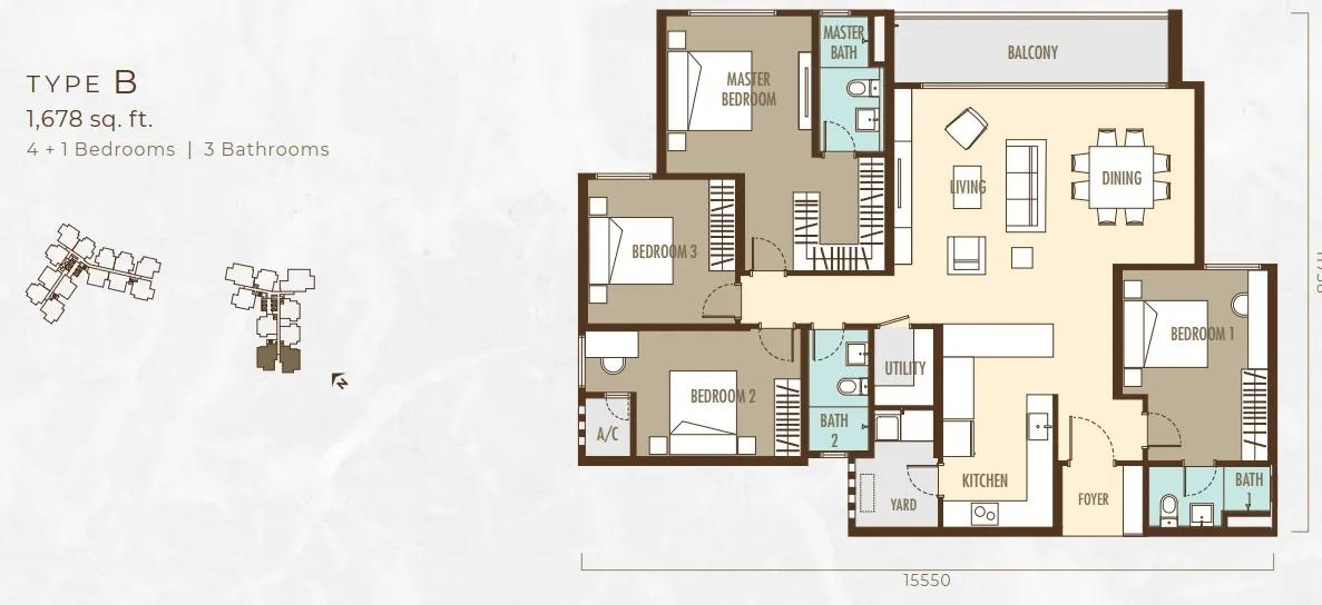 Ayanna Type B floor plan, about 1678 sq ft, 3 bathrooms
