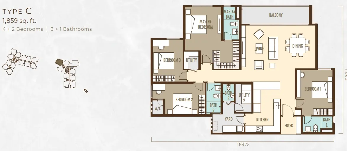 Ayanna Type C floor plan, about 1859 sq ft